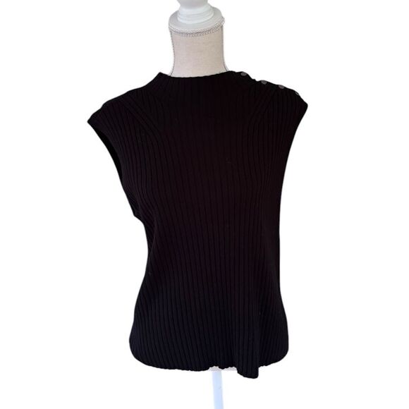 St. John Mock Turtleneck Sleeveless Sweater decorative metal buttons Black L - Picture 1 of 6